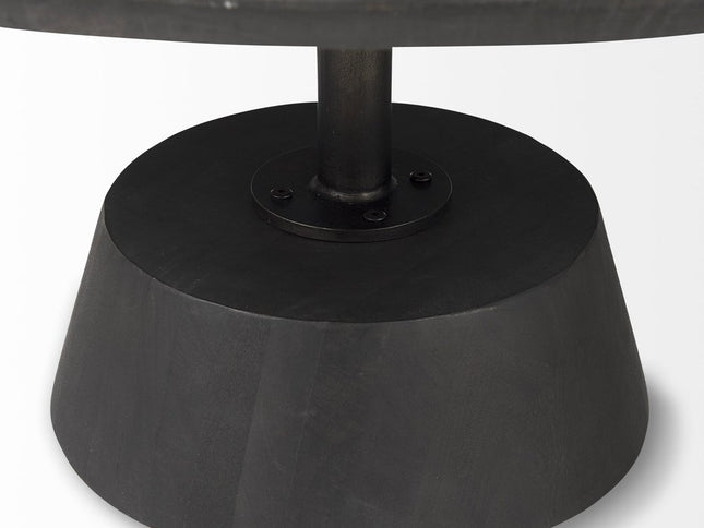 32" Dark Brown and Black Solid Wood and Iron Round Pedestal Coffee Table
