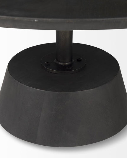 32" Dark Brown and Black Solid Wood and Iron Round Pedestal Coffee Table