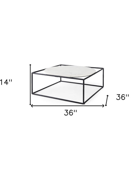 36" White and Black Genuine Marble and Metal Square Frame Coffee Table