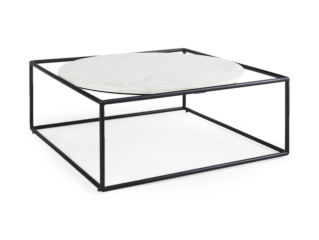 36" White and Black Genuine Marble and Metal Square Frame Coffee Table