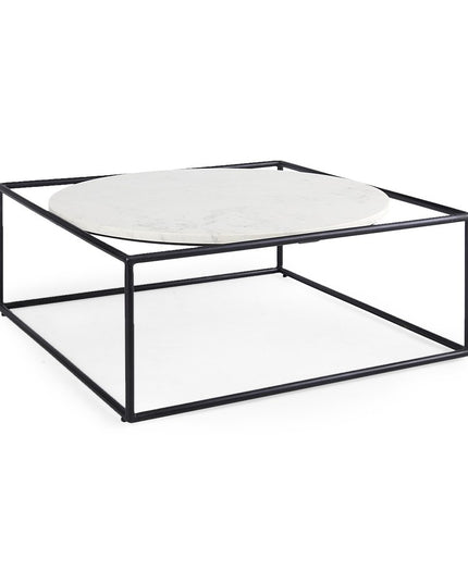 36" White and Black Genuine Marble and Metal Square Frame Coffee Table