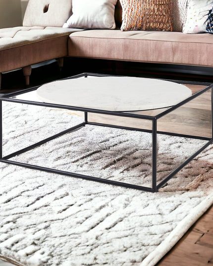 36" White and Black Genuine Marble and Metal Square Frame Coffee Table