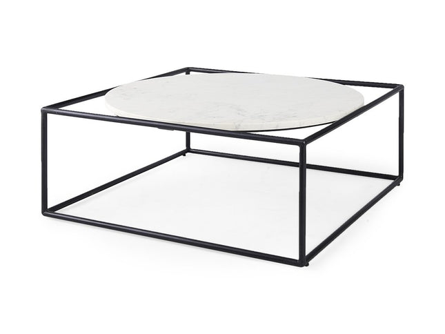 36" White and Black Genuine Marble and Metal Square Frame Coffee Table