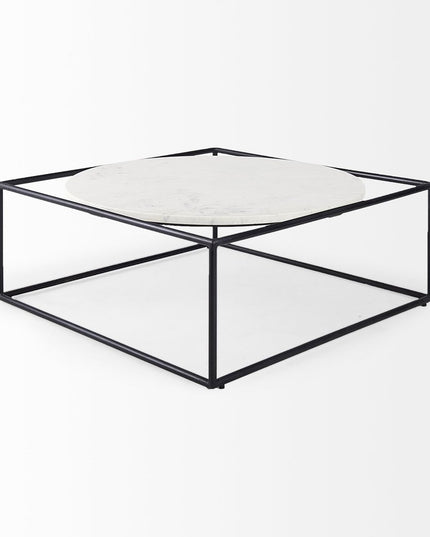 36" White and Black Genuine Marble and Metal Square Frame Coffee Table