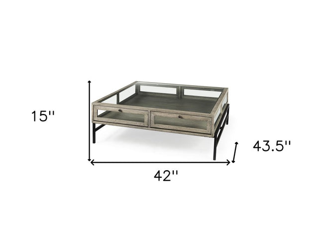 42" Gray and Black Glass and Metal Square Coffee Table With Shelf