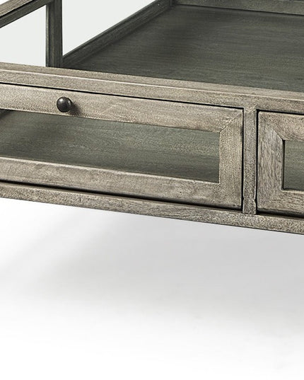 42" Gray and Black Glass and Metal Square Coffee Table With Shelf