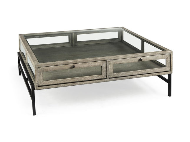 42" Gray and Black Glass and Metal Square Coffee Table With Shelf
