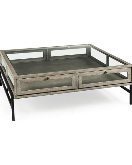 42" Gray and Black Glass and Metal Square Coffee Table With Shelf