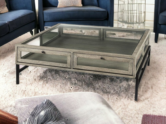 42" Gray and Black Glass and Metal Square Coffee Table With Shelf