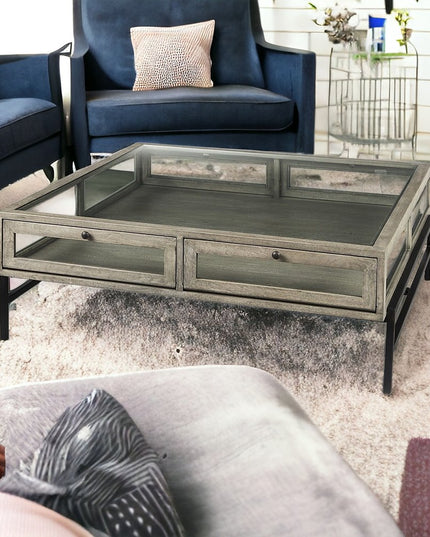 42" Gray and Black Glass and Metal Square Coffee Table With Shelf