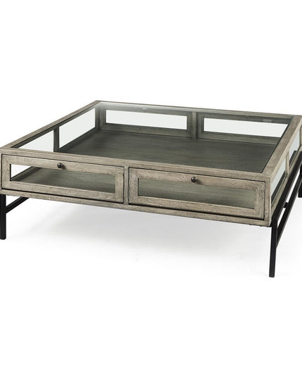42" Gray and Black Glass and Metal Square Coffee Table With Shelf