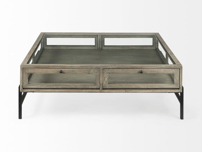42" Gray and Black Glass and Metal Square Coffee Table With Shelf