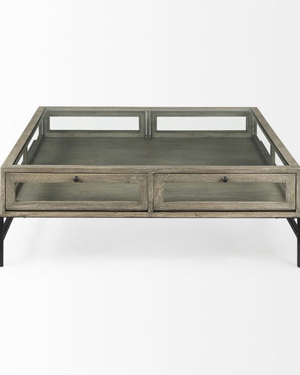 42" Gray and Black Glass and Metal Square Coffee Table With Shelf