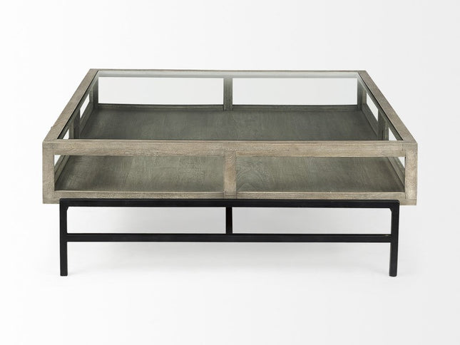 42" Gray and Black Glass and Metal Square Coffee Table With Shelf