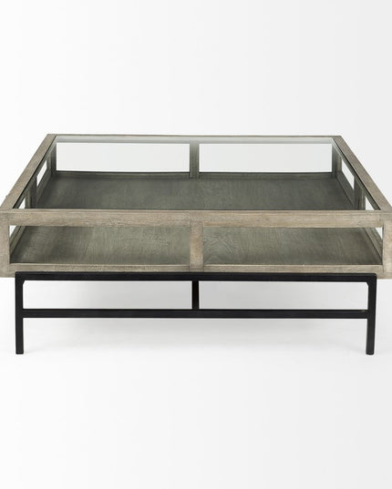 42" Gray and Black Glass and Metal Square Coffee Table With Shelf