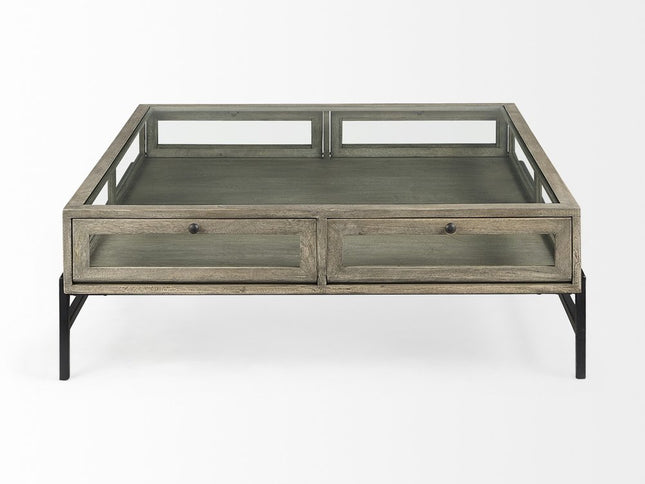 42" Gray and Black Glass and Metal Square Coffee Table With Shelf