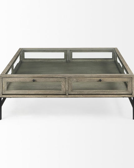 42" Gray and Black Glass and Metal Square Coffee Table With Shelf