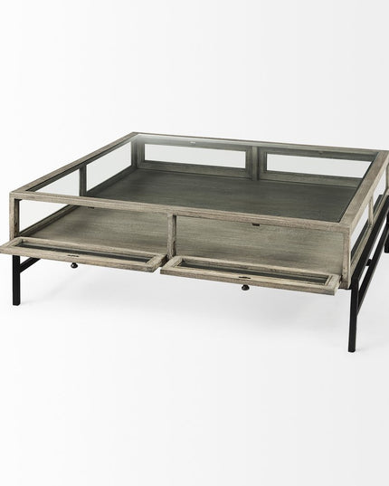 42" Gray and Black Glass and Metal Square Coffee Table With Shelf