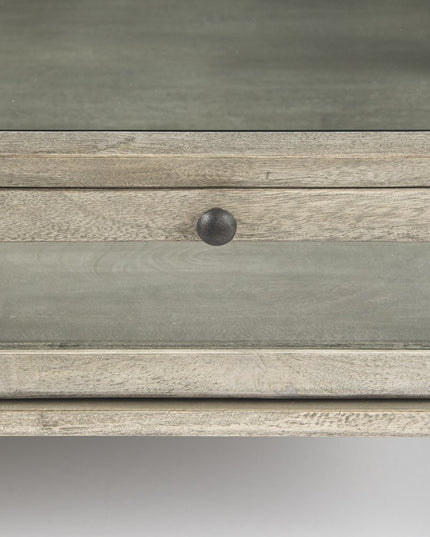 42" Gray and Black Glass and Metal Square Coffee Table With Shelf