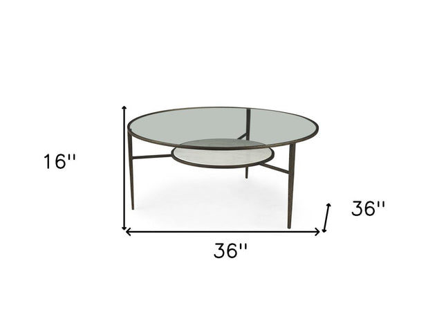 36" Clear and Bronze Glass and Metal Round Coffee Table With Shelf
