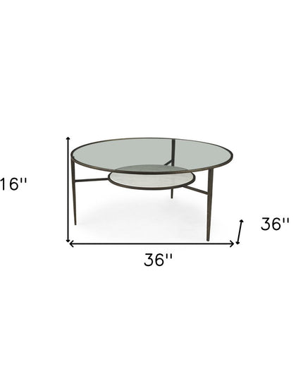 36" Clear and Bronze Glass and Metal Round Coffee Table With Shelf