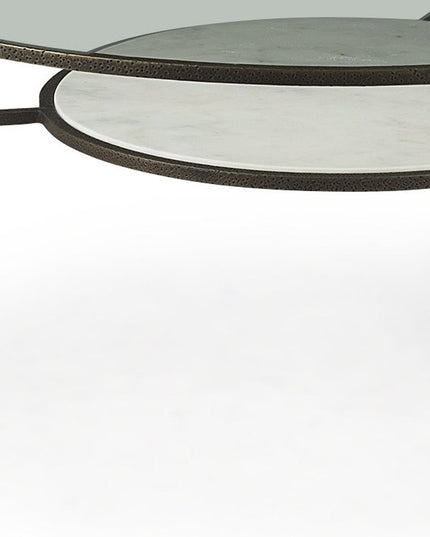 36" Clear and Bronze Glass and Metal Round Coffee Table With Shelf