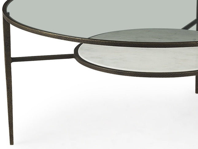 36" Clear and Bronze Glass and Metal Round Coffee Table With Shelf