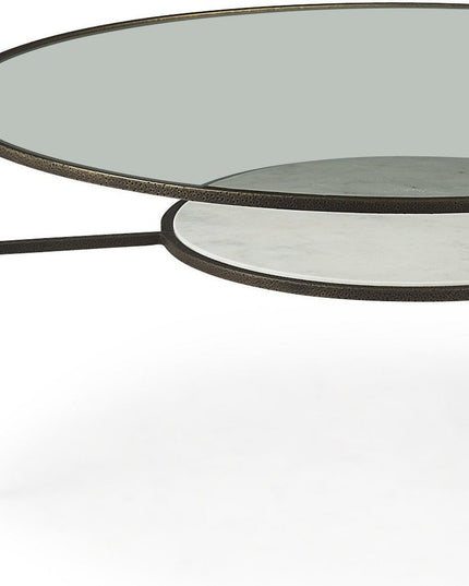 36" Clear and Bronze Glass and Metal Round Coffee Table With Shelf