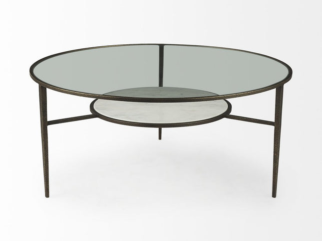 36" Clear and Bronze Glass and Metal Round Coffee Table With Shelf