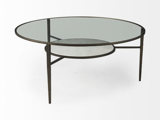 36" Clear and Bronze Glass and Metal Round Coffee Table With Shelf
