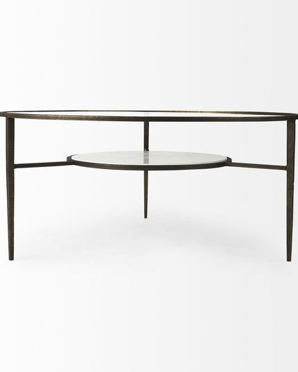 36" Clear and Bronze Glass and Metal Round Coffee Table With Shelf