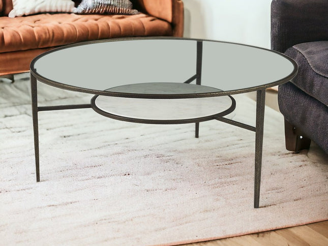 36" Clear and Bronze Glass and Metal Round Coffee Table With Shelf