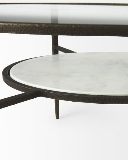 36" Clear and Bronze Glass and Metal Round Coffee Table With Shelf