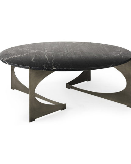 48" Black and Gold Genuine Marble and Iron Round Coffee Table