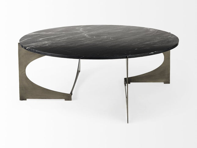 48" Black and Gold Genuine Marble and Iron Round Coffee Table