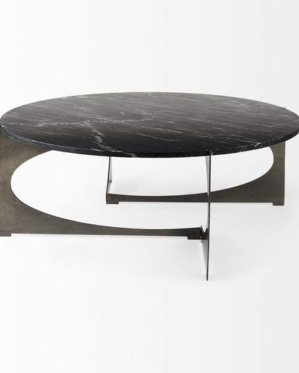 48" Black and Gold Genuine Marble and Iron Round Coffee Table