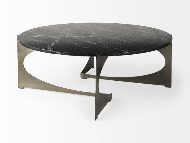 48" Black and Gold Genuine Marble and Iron Round Coffee Table