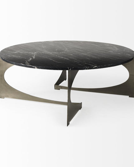 48" Black and Gold Genuine Marble and Iron Round Coffee Table