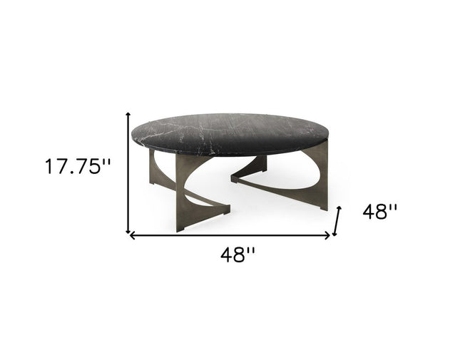 48" Black and Gold Genuine Marble and Iron Round Coffee Table