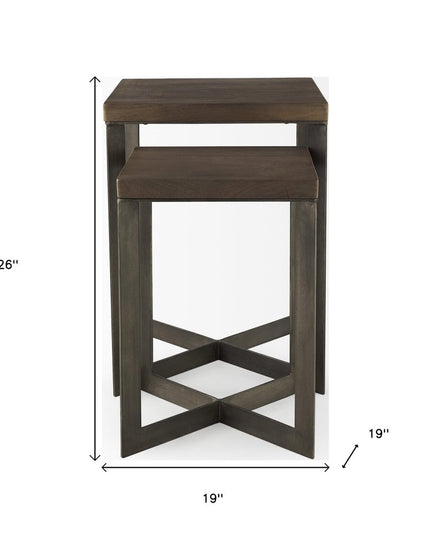 Set of Two Brown Solid Wood and Metal Square Cross Legs Nested Tables