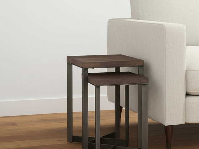 Set of Two Brown Solid Wood and Metal Square Cross Legs Nested Tables