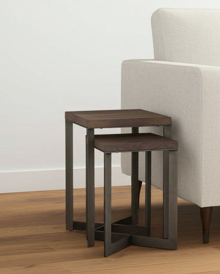 Set of Two Brown Solid Wood and Metal Square Cross Legs Nested Tables