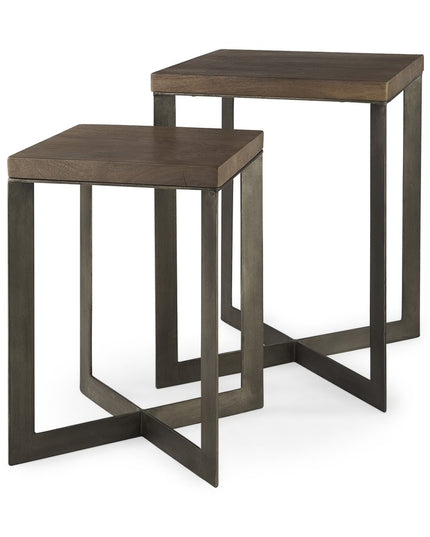 Set of Two Brown Solid Wood and Metal Square Cross Legs Nested Tables