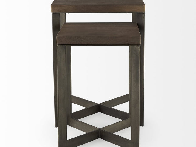 Set of Two Brown Solid Wood and Metal Square Cross Legs Nested Tables