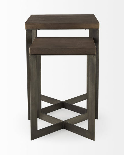 Set of Two Brown Solid Wood and Metal Square Cross Legs Nested Tables