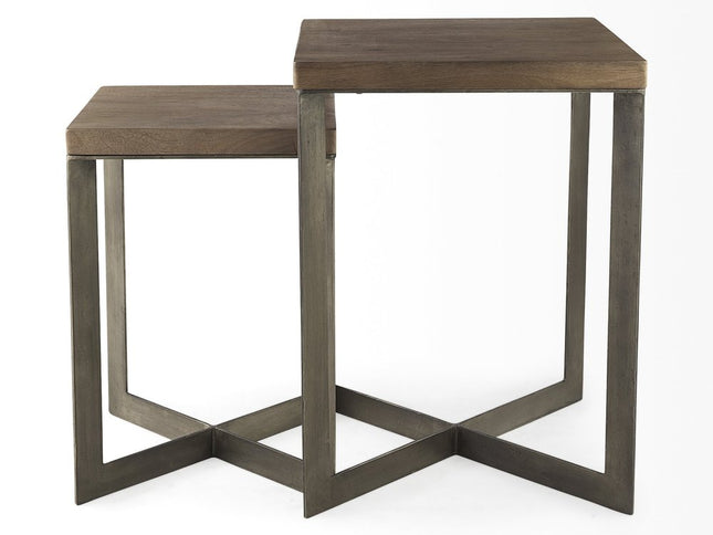 Set of Two Brown Solid Wood and Metal Square Cross Legs Nested Tables