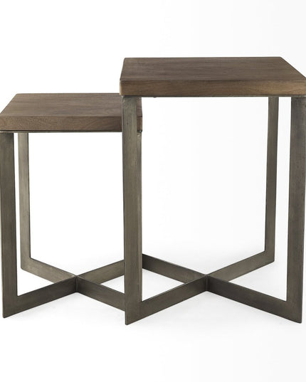 Set of Two Brown Solid Wood and Metal Square Cross Legs Nested Tables