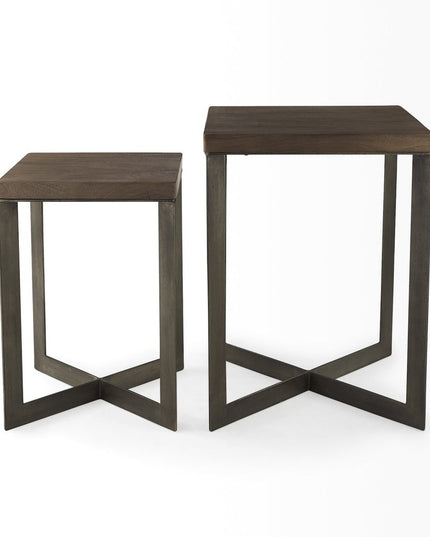 Set of Two Brown Solid Wood and Metal Square Cross Legs Nested Tables