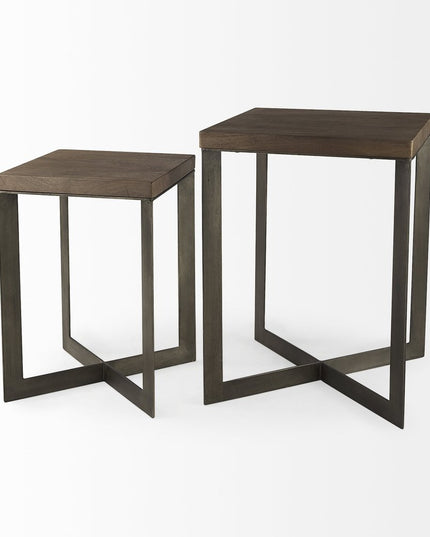 Set of Two Brown Solid Wood and Metal Square Cross Legs Nested Tables