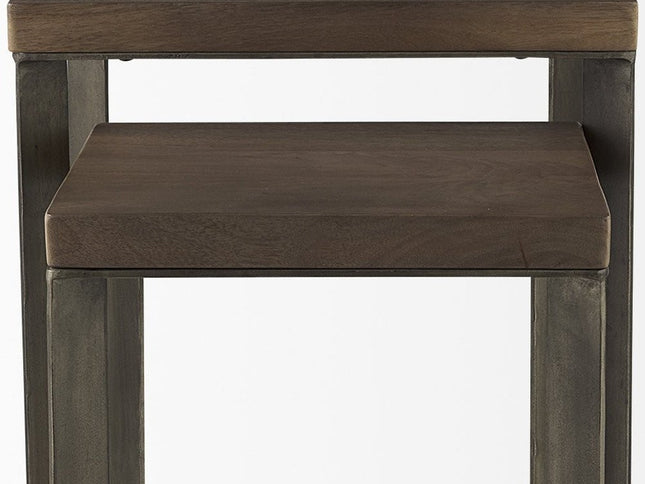 Set of Two Brown Solid Wood and Metal Square Cross Legs Nested Tables